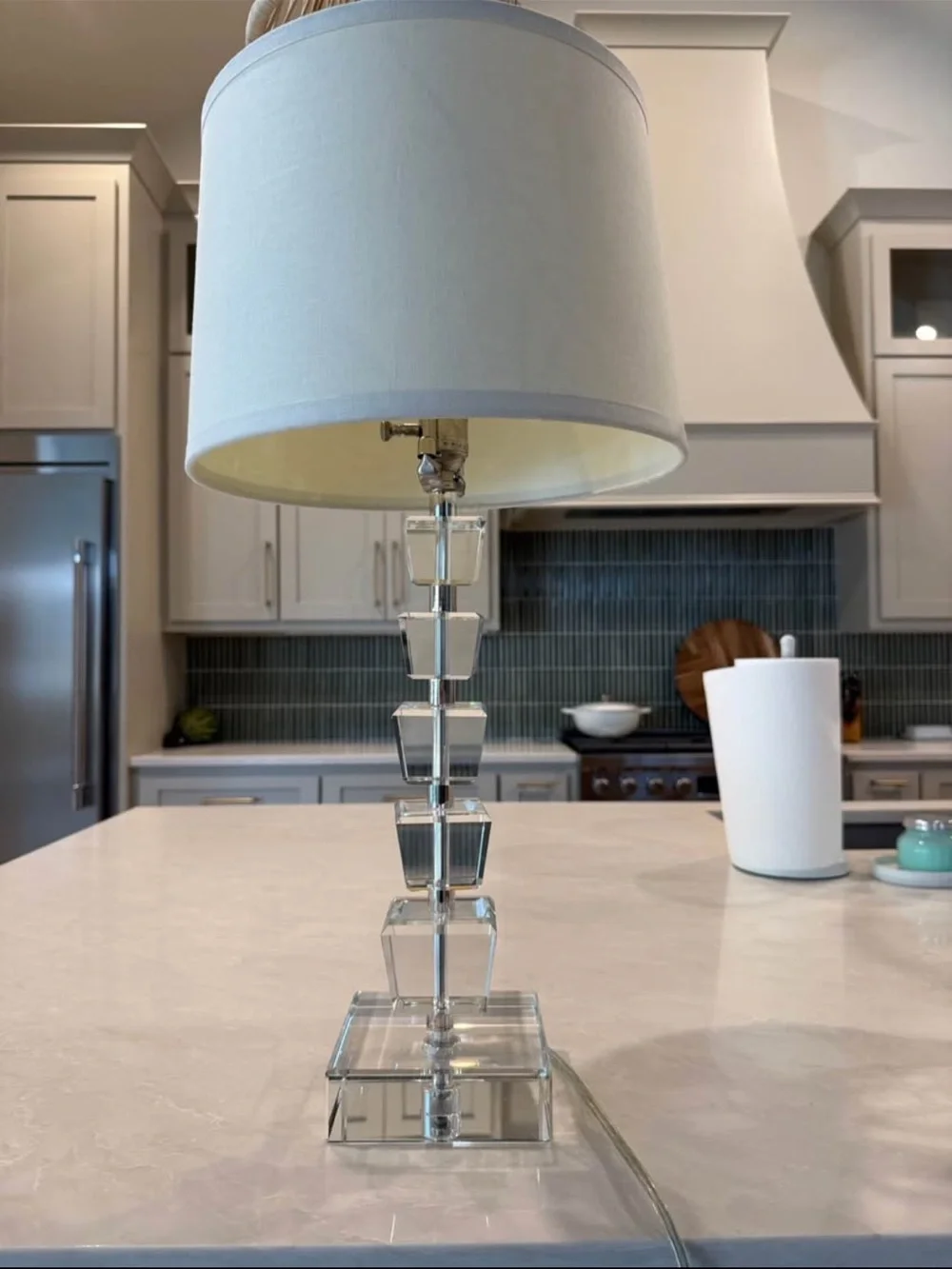 Robert Abbey Crystal Stack Table Lamp Pair with White Shades